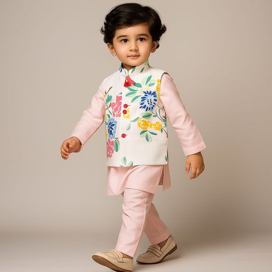 Pre Order: Pink Kurta With Floral Printed Jacket And Pyjama