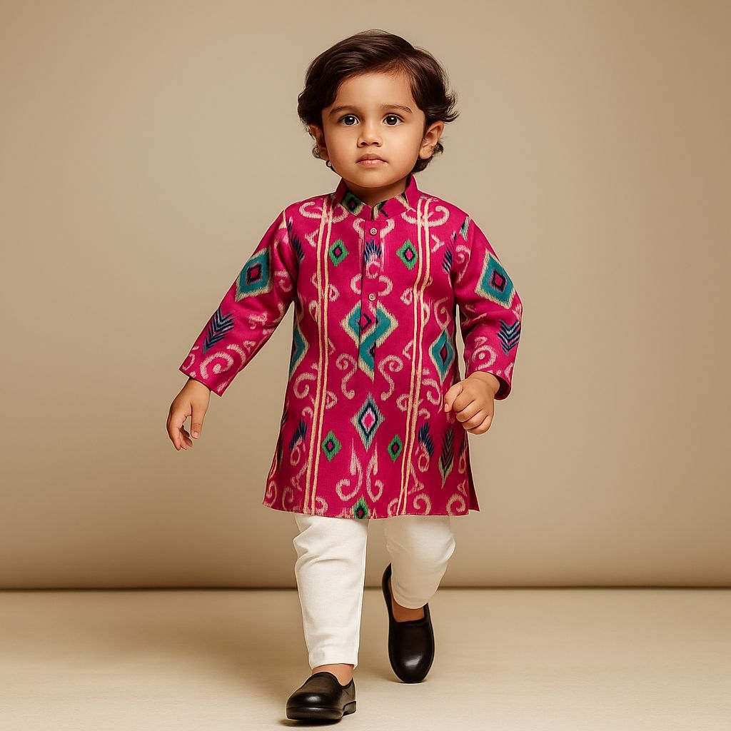 Pre Order: Ikat Printed Pink Kurta With Churidar