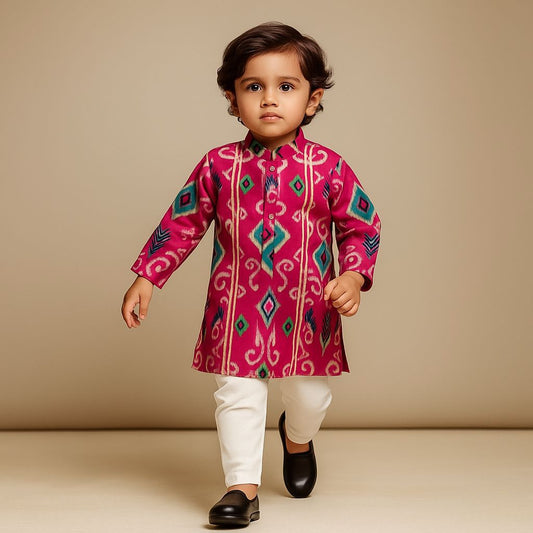 Pre Order: Ikat Printed Pink Kurta With Churidar