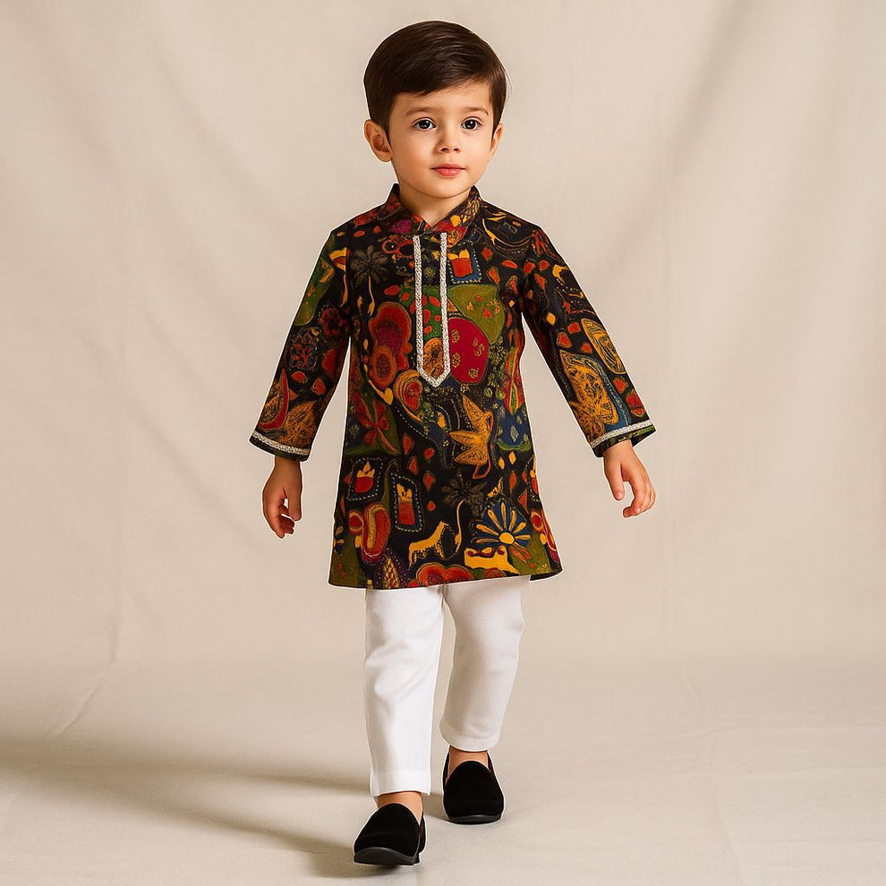 Pre Order: Lace Work Multicolour Printed Kurta With White Pyjama