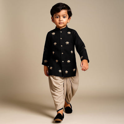 Pre Order: Floral Embroidered Black Kurta With Dhoti