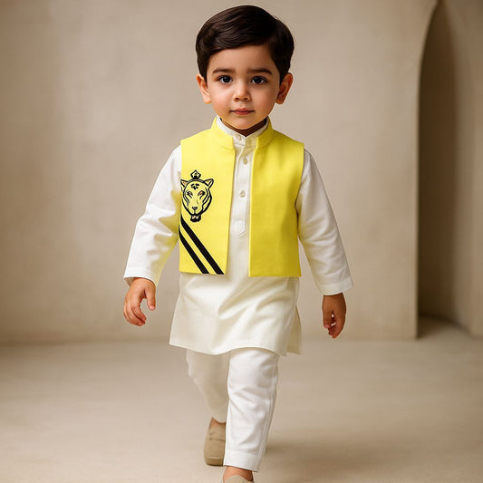 Pre Order: Kurta And Yellow Jacket With Pyjama