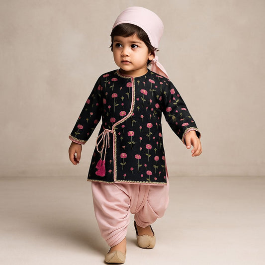 Pre Order: Lotus Printed Side Knot Detail Black Kurta And Pink Dhoti With Matching Mukut