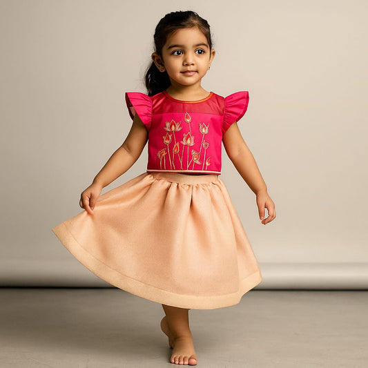 Pre Order: Lotus Embroidered Pink Top And Peach Lehenga