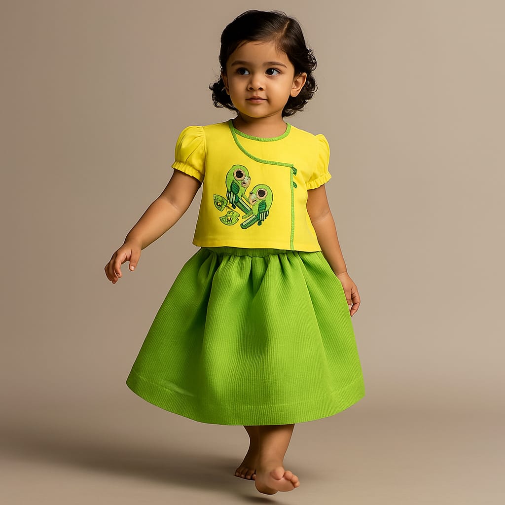 Pre Order: Angarkha Style Yellow Top And Green Lehenga