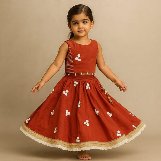 Pre Order: Red Floral Embroidered Sleeveless Top With Matching Lehenga