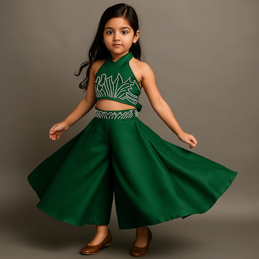 Pre Order: Halter Neck Back Bow Enhanced Green Top With Flared Palazzo