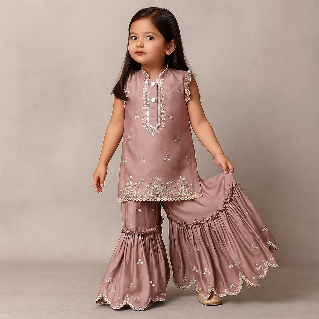 Pre Order: Pink Faux Mirror Embroidered Ruffle Detailed Kurti With Sharara
