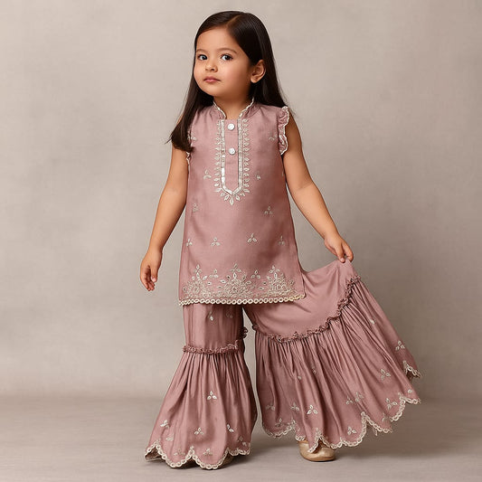 Pre Order: Pink Faux Mirror Embroidered Ruffle Detailed Kurti With Sharara