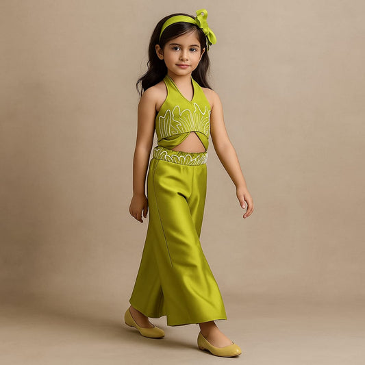 Pre Order: Halter Neck Back Bow Enhanced Elegant Top With Flared Palazzo