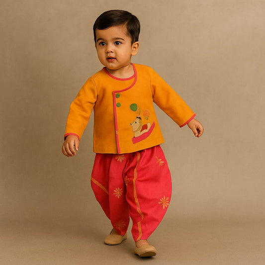 Pre Order: Front-Open Orange Kurta With Printed Pink Dhoti