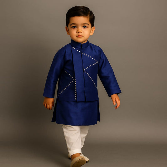 Pre Order: Blue Cotton Silk Kurta With Faux Mirror Embroidered Jacket And Pyjama