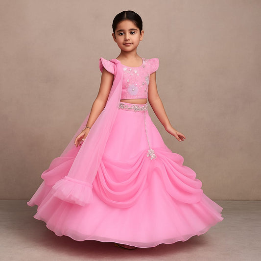 Pre Order: Pink Embroidered And Embellished Top And Lehenga With Dupatta