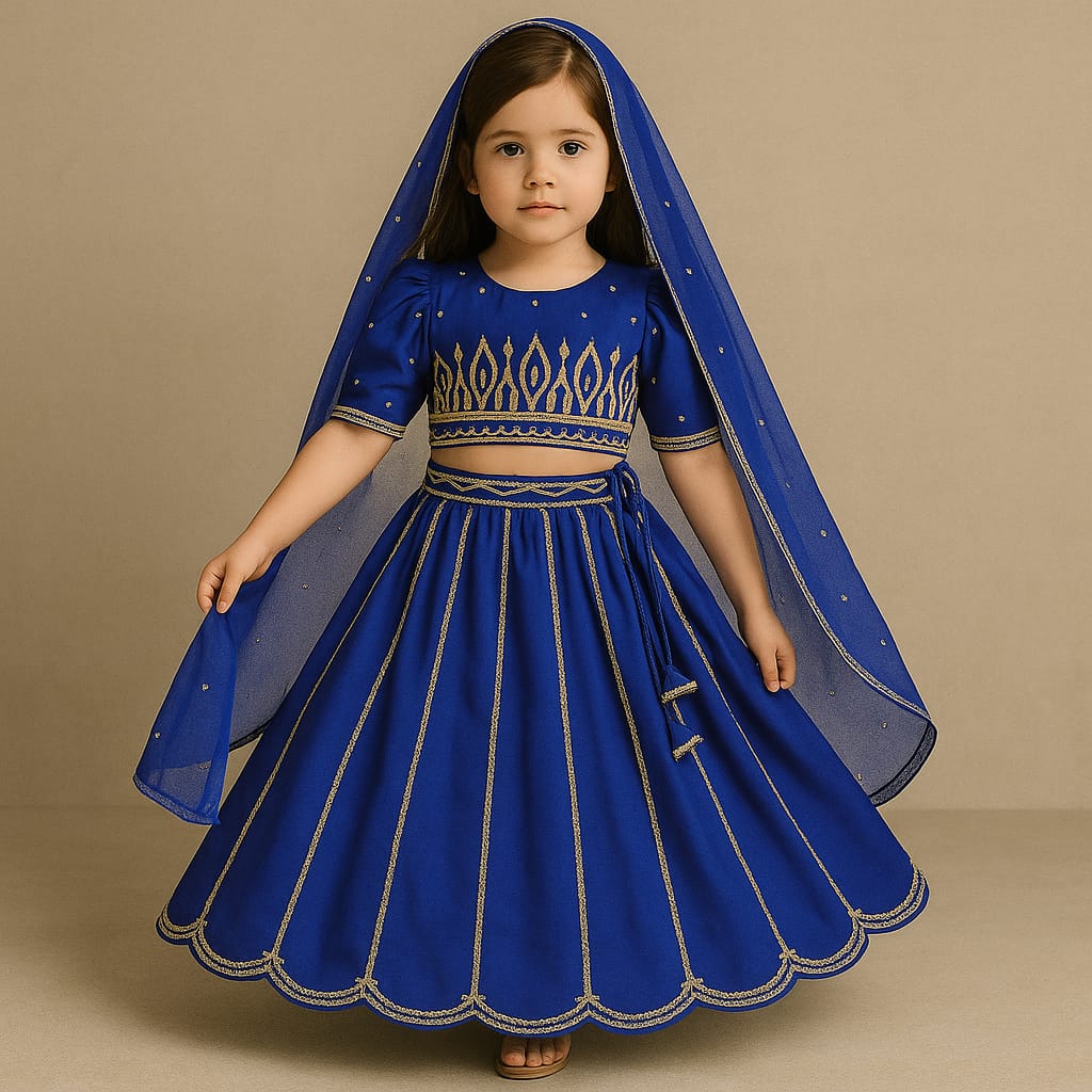 Pre Order: Blue Top And Flared Lehenga With Net Dupatta