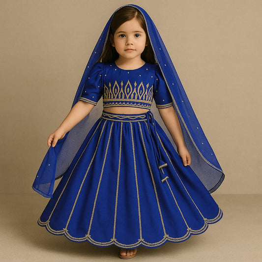 Pre Order: Blue Top And Flared Lehenga With Net Dupatta