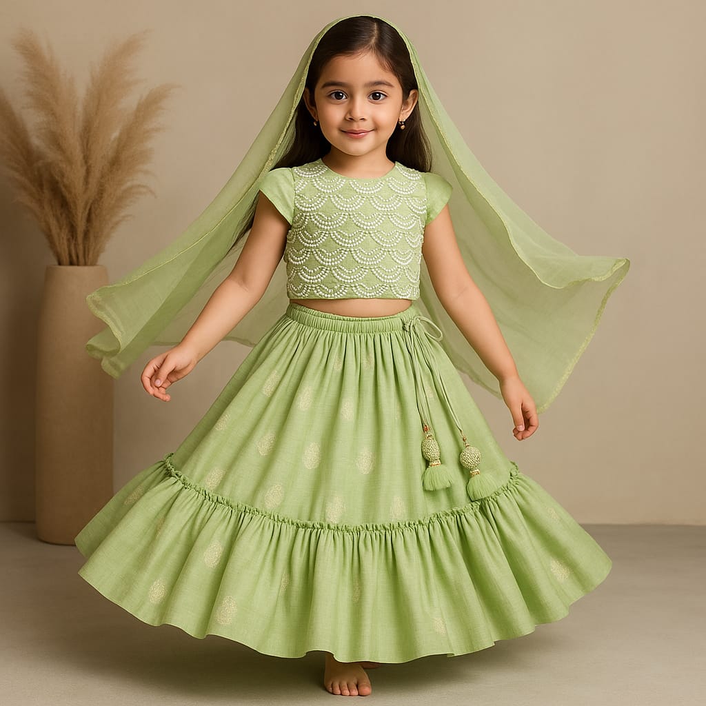 Pre Order: Embroidered Top Green And Brocade Lehenga