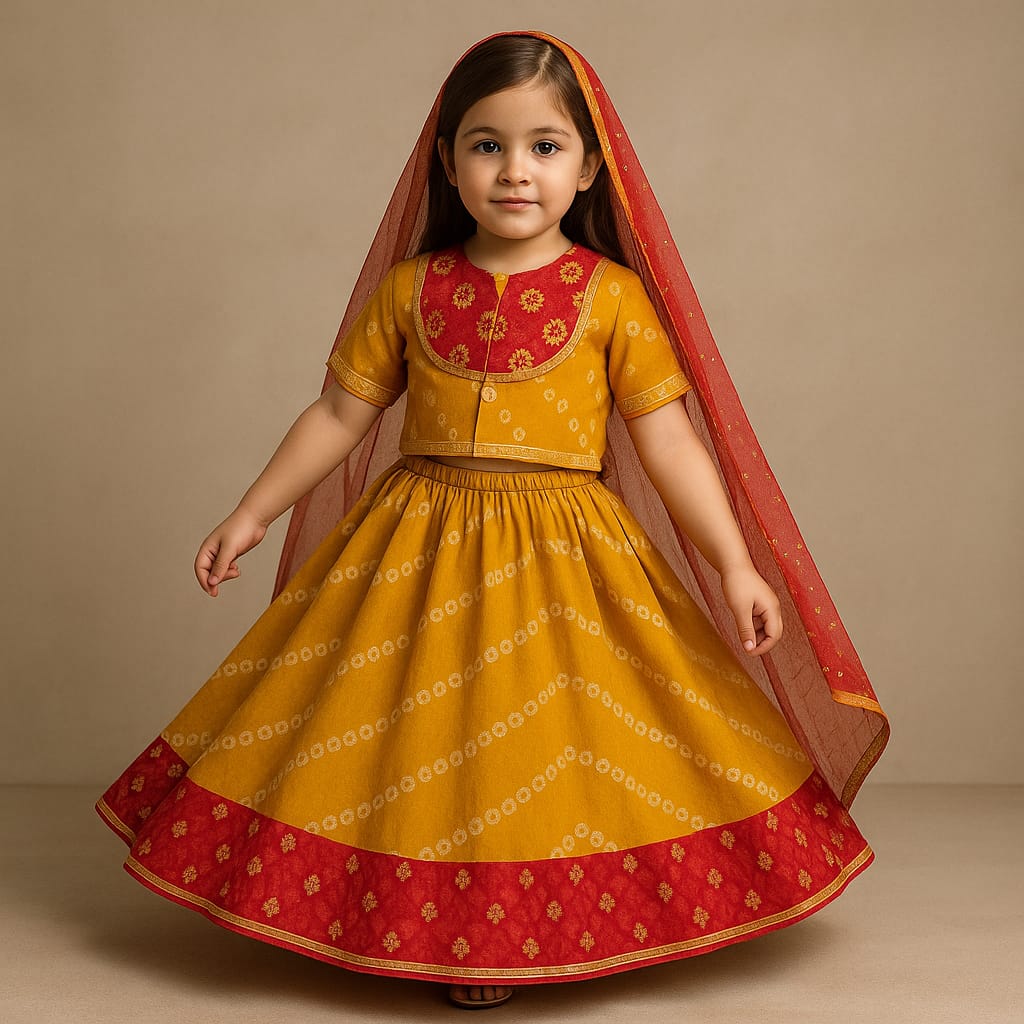 Pre Order: Bandhani Printed Top With Lehenga