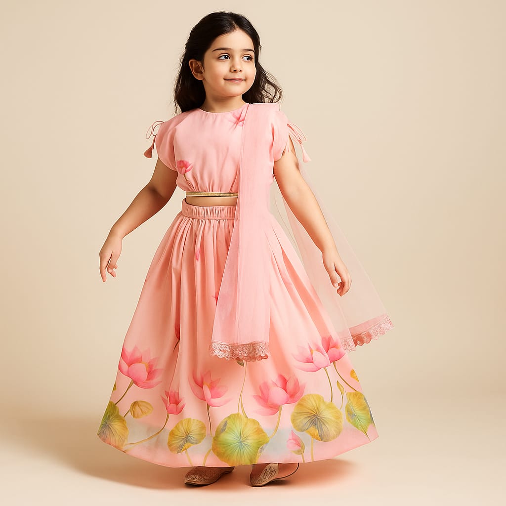 Peach Floral Printed Cape Style Top And Lehenga With Dupatta