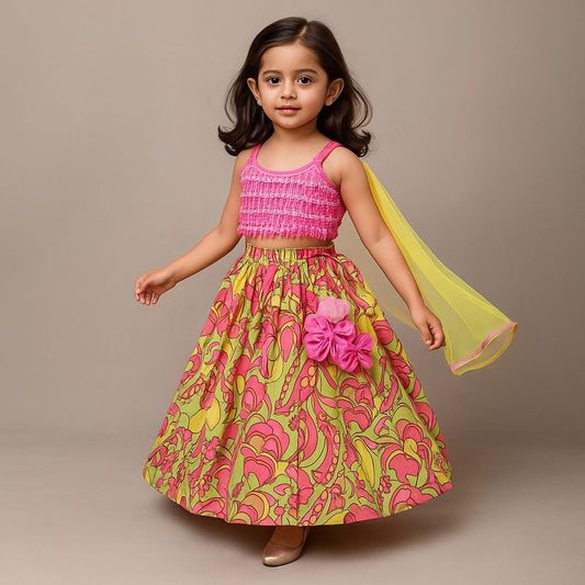 Pre Order: Pink Strappy Top And Printed Lehenga With Net Dupatta