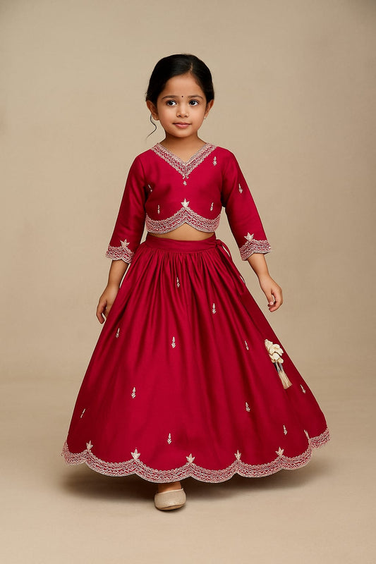 Pre Order: Red Embroidered Stylish Hem Top And Lehenga