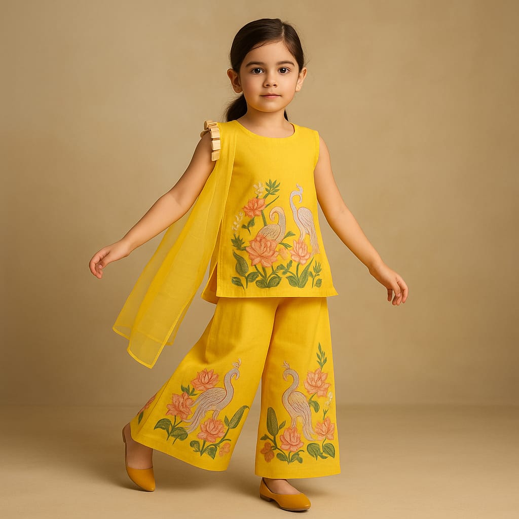 Pre Order: Yellow Embroidered Strappy Kurti And Flared Palazzo With Dupatta