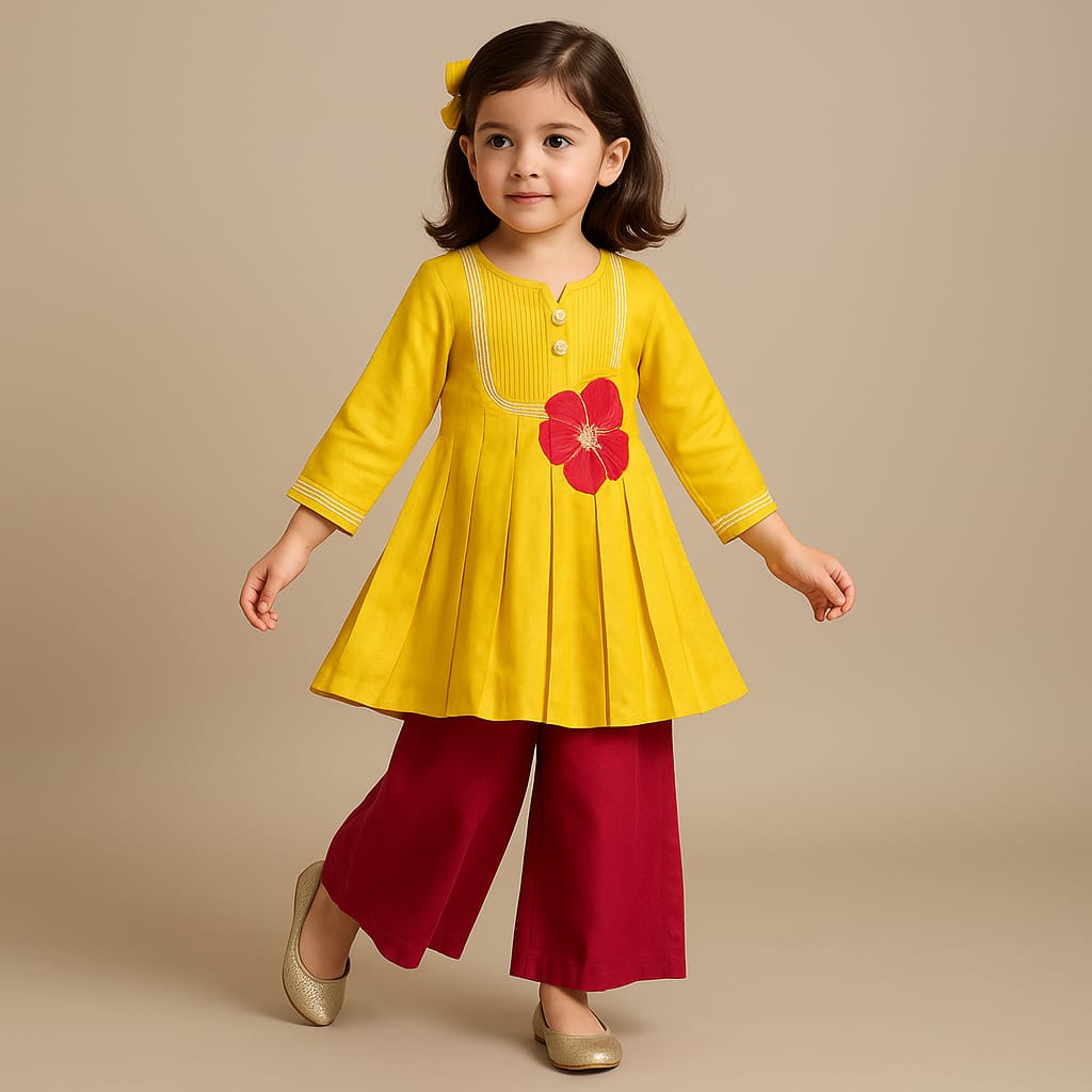 Pre Order: Yellow Embroidered And Embellished Kurti With Palazzo