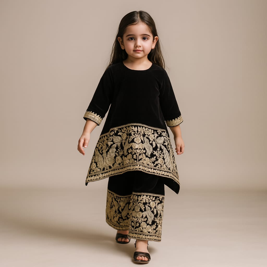 Pre Order: Black Velvet Embroidered Kurti And Palazzo