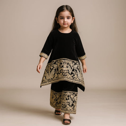 Pre Order: Black Velvet Embroidered Kurti And Palazzo