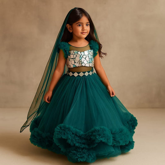 Pre Order: Rama Green Mirror Work Enhanced Top With Flared Lehenga And Matching Head Band