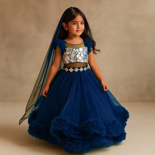 Pre Order: Ethnic Mirror Work Enhanced Top With Flared Lehenga And Matching Head Band