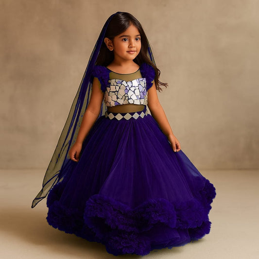 Pre Order: Elegant Mirror Work Enhanced Top With Flared Lehenga And Matching Head Band