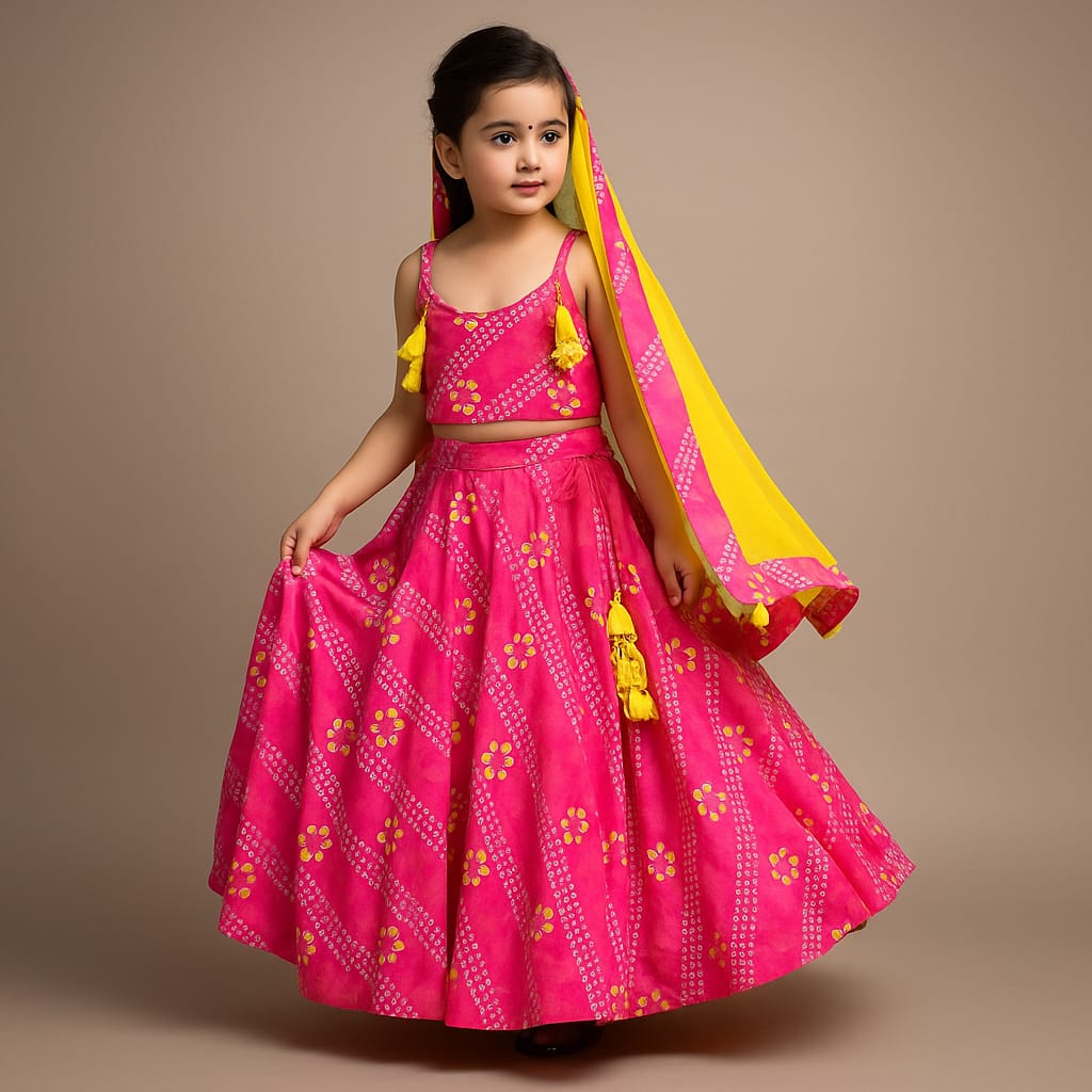 Pink Bandhani Printed Top And Lehenga With Dupatta