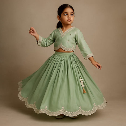 Pre Order: Embroidered Green Top And Pleated Lehenga