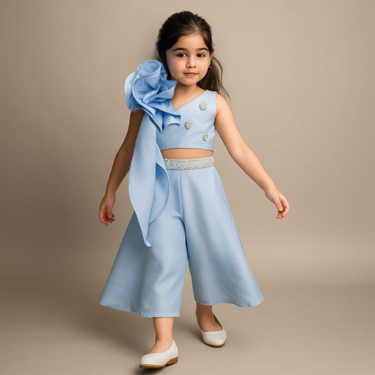 Pre Order: Blue Swirled Flower Embellished One Shoulder Top And Flared Palazzo