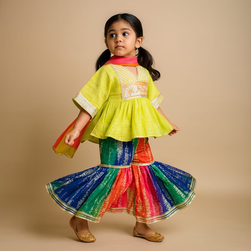 Pre Order: Green Shibori Printed Embellished Kaftan Top And Multicolour Sharara With Dupatta