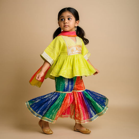 Pre Order: Green Shibori Printed Embellished Kaftan Top And Multicolour Sharara With Dupatta