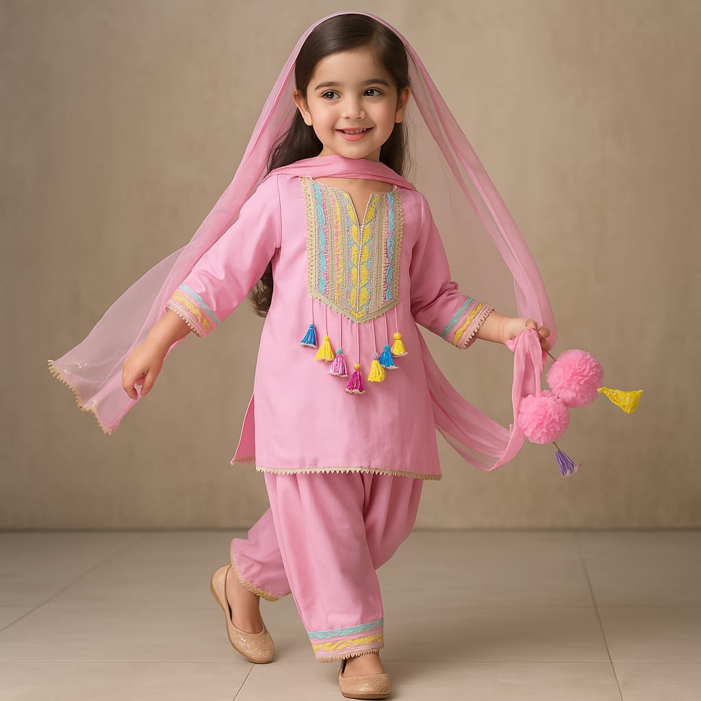 Pre Order: Pink Gota Lace Work Kurti And Salwar With Matching Dupatta