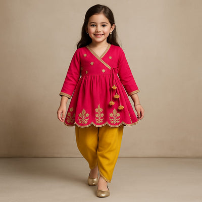 RTD Pre Order: Pink Embroidered Angarkha Style Kurti And Tulip Dhoti