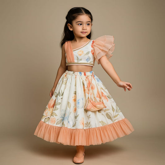 Pre Order: Floral Printed One Shoulder Top And Lehenga With Attached Dupatta