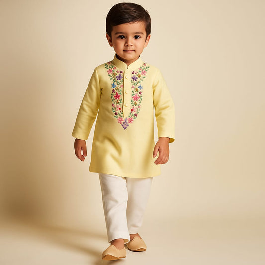 Pre Order: Floral Embroidered Yellow Kurta And Pyjama