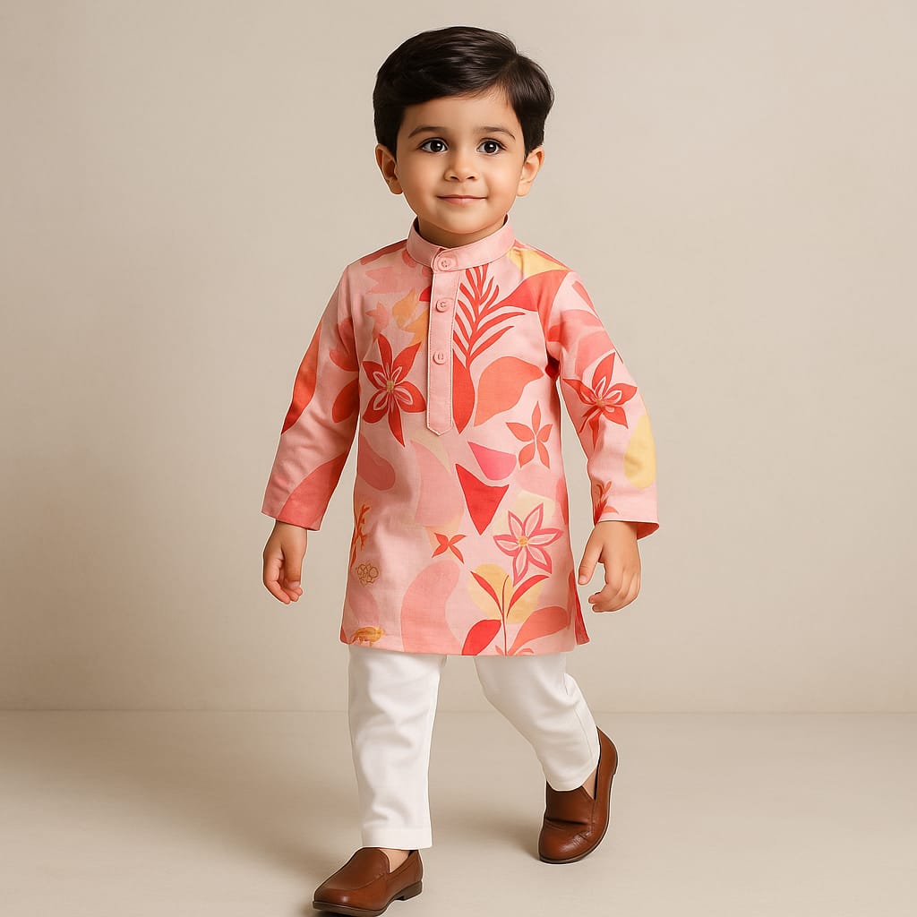 Pre Order: Floral Printed Multicoloured Kurta With White Pyjama