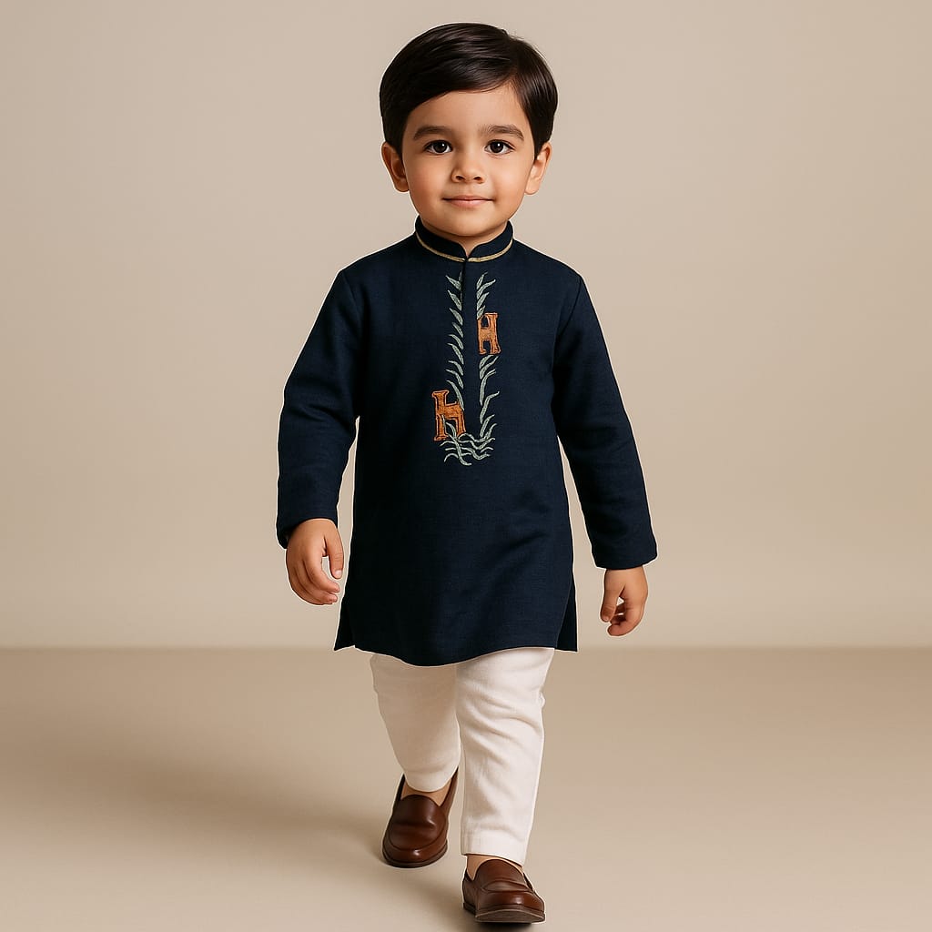 Pre Order: Blue Kurta With Animal Embroidery And Pyjama