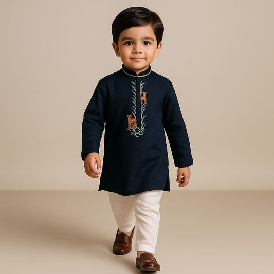 Pre Order: Blue Kurta With Animal Embroidery And Pyjama