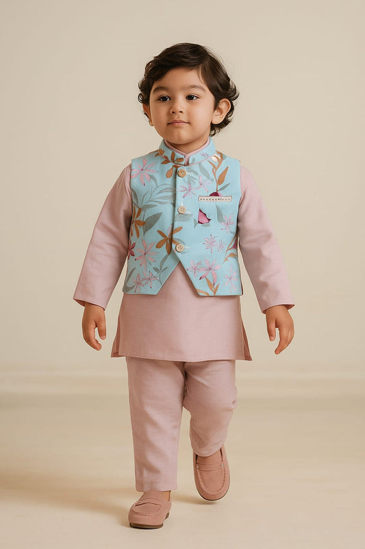 Pre Order: Blue Floral Printed Jacket With Pink Kurta And Pyjama