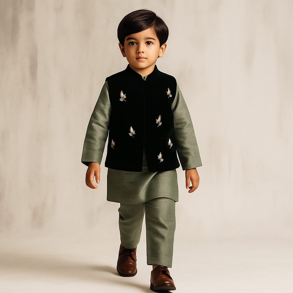 Pre Order: Ethnic Kurta With Embroidered Velvet Jacket And Pyjama