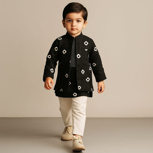 Pre Order: Bandhani Printed Black Kurta And Jacket With Off White Pyjama