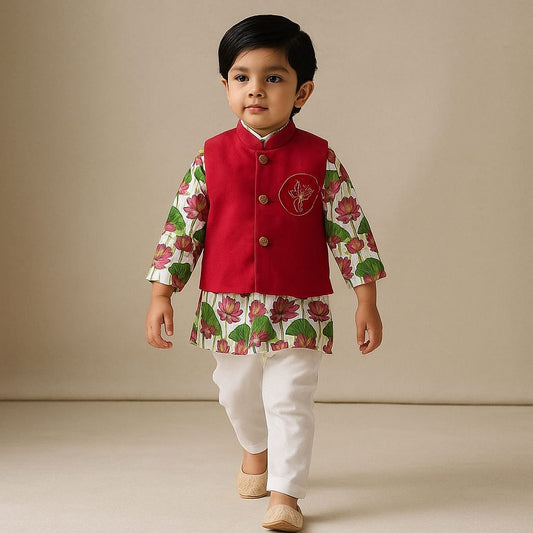 Pre Order: Lotus Printed Kurta And Embroidered Jacket With Pyjama