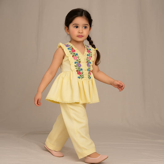 Pre Order: Floral Embroidered Yellow Kurti And Pant