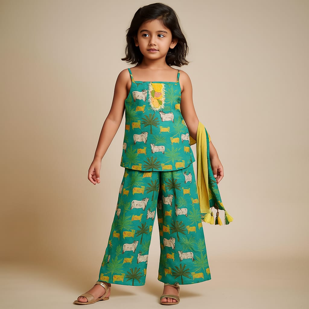 Pre Order: Ethnic Printed Kurti And Pant With Net Dupatta