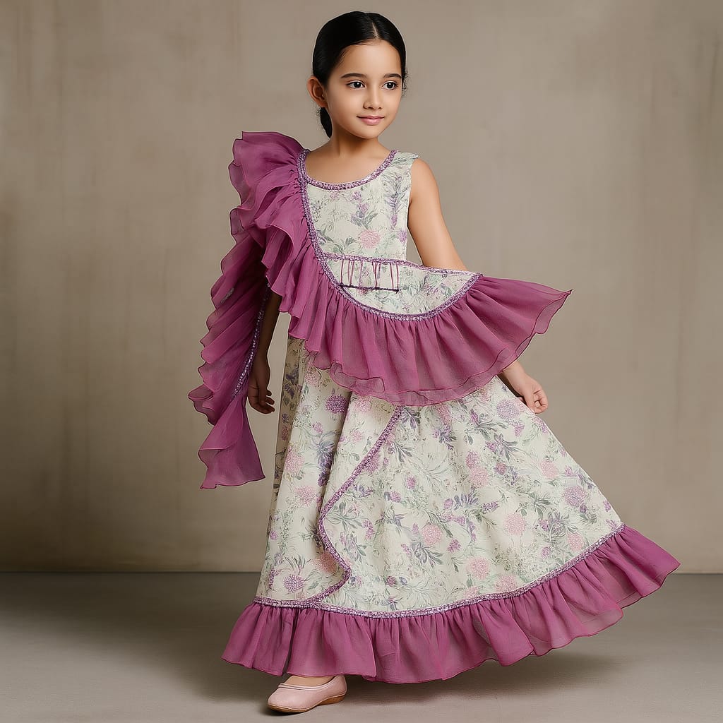 Pre Order: Floral Printed One Shoulder Top And Stylish Front Cut Lehenga With Ruffle Dupatta